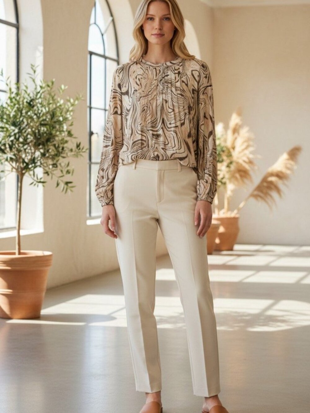 TART Collections Maya Top Cream Tan Marble Moire Print Blouse NWT M